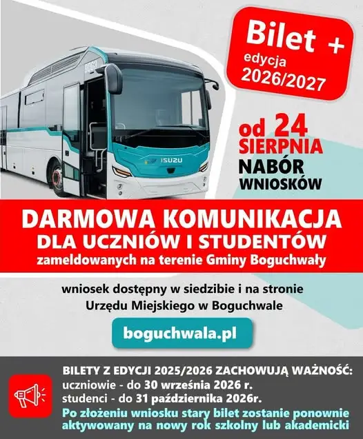 Rusza nabór wniosków o Bilet+ na rok 2026/2027 w Gminie Boguchwała