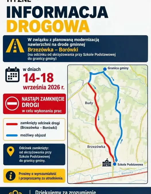 Utrudnienia na drodze Brzezówka – Borówki. Gmina Hyżne informuje o zamknięciu odcinka