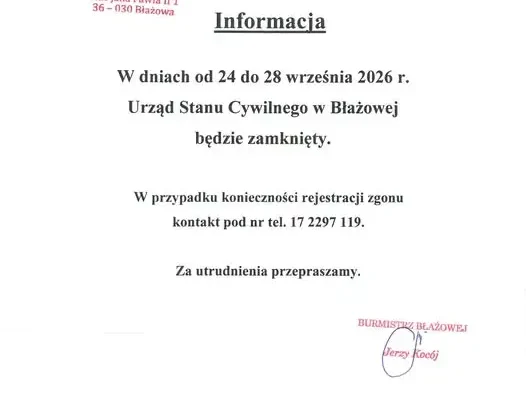 Urząd Stanu Cywilnego w Błażowej zamknięty od 24 do 28 września 2026