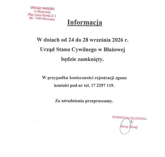 Urząd Stanu Cywilnego w Błażowej zamknięty od 24 do 28 września 2026