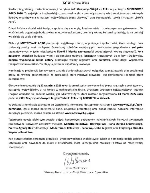 KGW nr 2 w Nowej Wsi z gminy Trzebownisko nominowane do tytułu Koło Gospodyń Wiejskich Roku