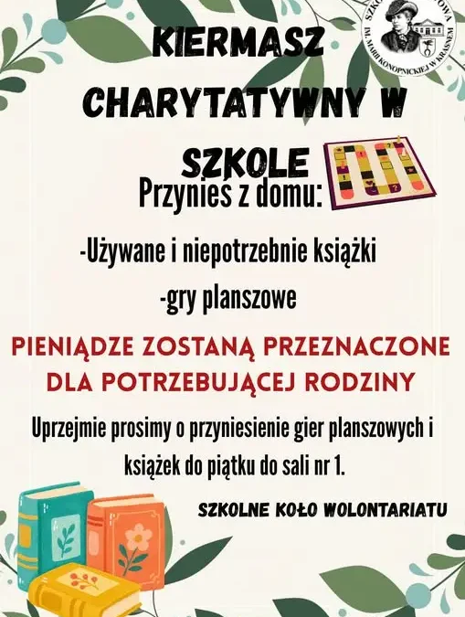 Kiermasz charytatywny w Szkole Podstawowej w Krasnem – pomóż potrzebującej rodzinie