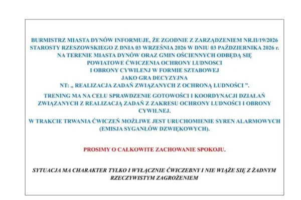 Dynów: Powiatowe ćwiczenia obrony cywilnej – możliwe syreny alarmowe