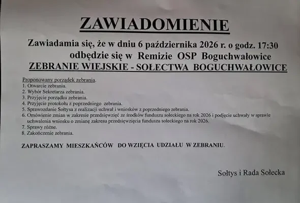 Zebranie wiejskie w Boguchwałowicach – 6 października 2026
