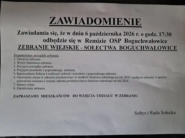 Zebranie wiejskie w Boguchwałowicach – 6 października 2026