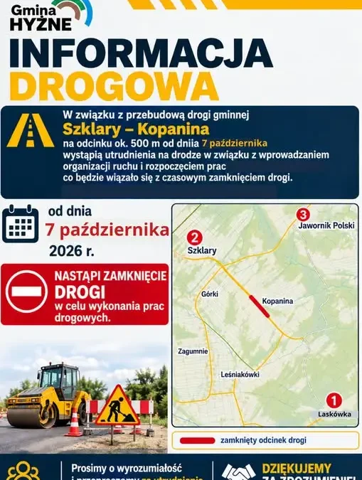 Szklary: droga gminna zamknięta od 7 października. Trwa przebudowa