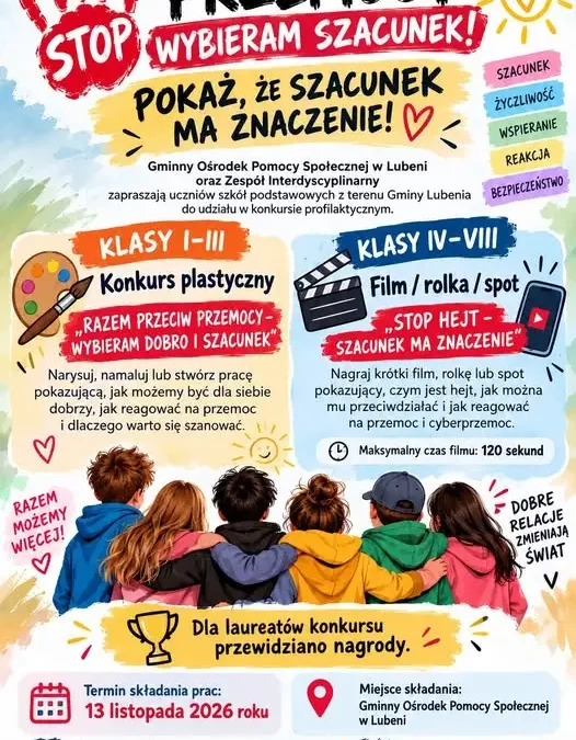 Konkurs profilaktyczny dla uczniów z Gminy Lubenia – przemoc, hejt i szacunek