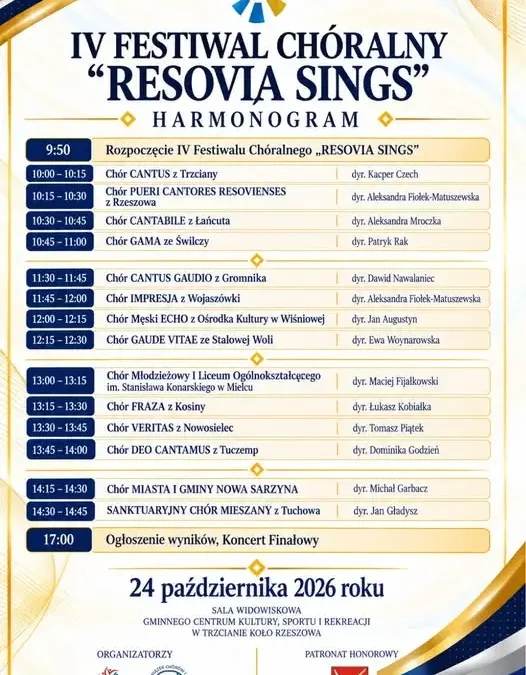 IV Festiwal Chóralny „Resovia Sings” w Trzcianie – harmonogram i 14 zespołów na scenie