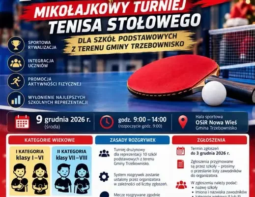 Mikołajkowy turniej tenisa stołowego w Nowej Wsi – zgłoszenia do 3 grudnia