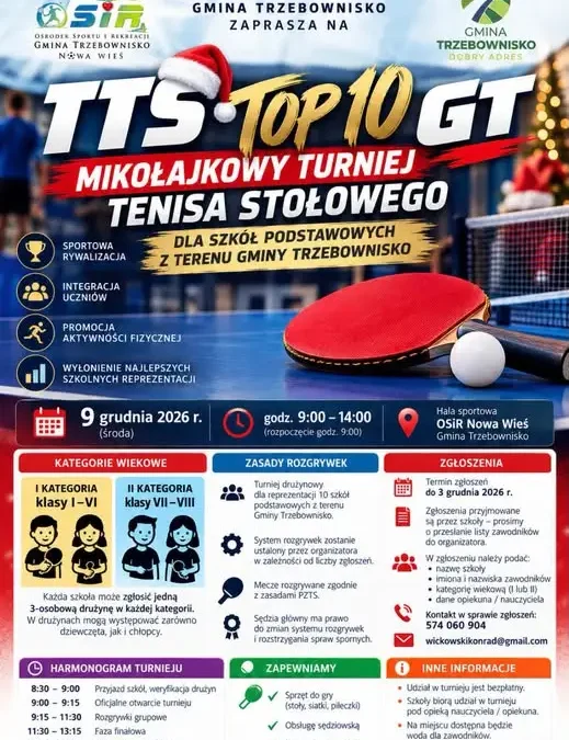 Mikołajkowy turniej tenisa stołowego w Nowej Wsi – zgłoszenia do 3 grudnia