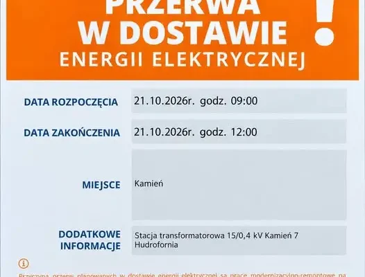 Przerwa w dostawie prądu w Kamieniu – 21 października 2026